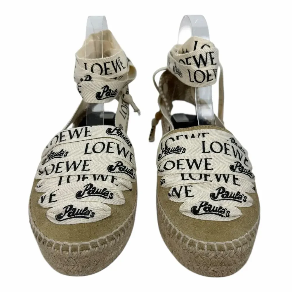 Loewe x Paula Ibiza Suede Ankle Tie Wedge Platform Espadrille Size 38